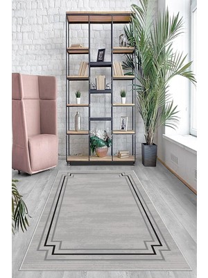 Zemira Pelangi Gri Geometrik Çerçeve Desenli Yıkanabilir Kaymaz Taban Tutmaz Salon Halısı Y