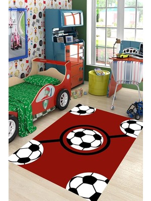 Zemira Pelangi Futbol Topu Desenli Bordo Yıkanabilir Kaymaz Taban Tutmaz Çocuk Odası Halısı, Bordo-Si