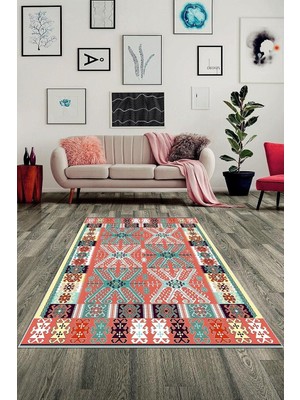 Zemira Pelangi Etnik Kilim Desen Bohem Stil Dijital Baskılı Yıkanabilir Kaymaz Taban Salon Halısı,