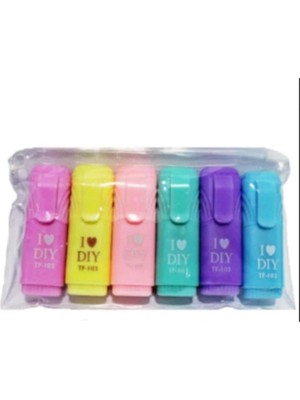 Zemira I Love Diy Mottolu Mini Fosforlu Işaretleme Kalemi Seti, 6 Adet Kalem, Çok Renkli, Fermuarlı Çanta