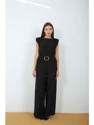 Neşeli Butik Kadın Siyah Bel Drapeli Kemer Detaylı Sıfır Kol Tam Boy Tulum NBMY4043