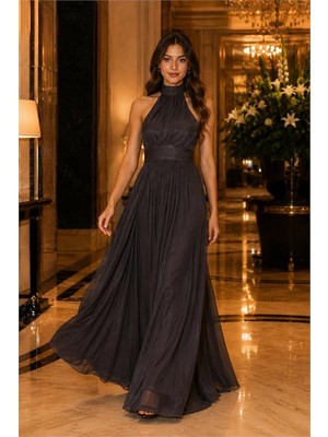 Neşeli Butik Kadın Kahverengi Halter Yaka Janjan Kumaş Premium Abiye Elbise NBMY4128