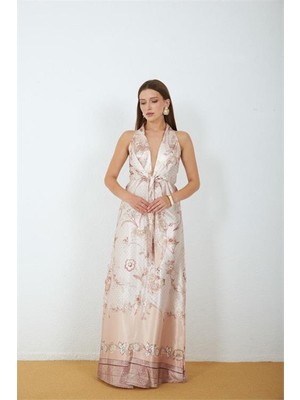 Neşeli Butik Kadın Bej Saten Kumaş Yırtmaçlı Çiçek Desen Bağlamalı Maxi Elbise NBMY4109