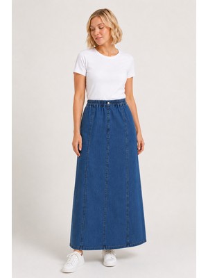 Bihan Store Beli Lastikli Dikiş Panelli Denim Maxi Etek Y26-7592-MAVI