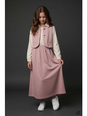 Cansın Mini Pembe Kız Çocuk Sıfır Kol Yelekli Gömlek Yaka Elbise Takımı 24749