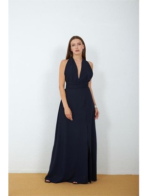 Neşeli Butik Kadın Lacivert Yırtmaçlı Halter Yaka Sırt Dekolteli Bağlama Detaylı Maxi Elbise NBMY4133