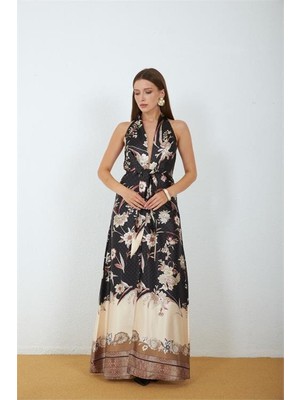 Neşeli Butik Kadın Siyah Saten Kumaş Yırtmaçlı Çiçek Desen Bağlamalı Maxi Elbise NBMY4109