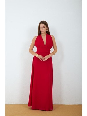 Neşeli Butik Kadın Kırmızı Yırtmaçlı Halter Yaka Sırt Dekolteli Bağlama Detaylı Maxi Elbise NBMY4133