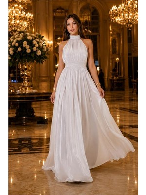 Neşeli Butik Kadın Beyaz Halter Yaka Janjan Kumaş Premium Abiye Elbise NBMY4128