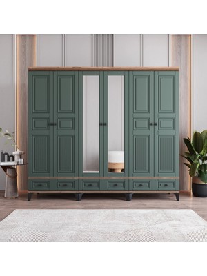 Monzio Terra 6 Kapaklı Çekmeceli Gardırop Tamamı Mdf (Yeşil)