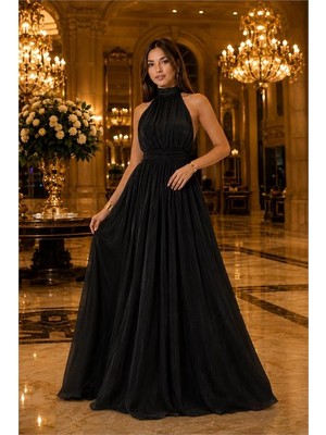Neşeli Butik Kadın Siyah Halter Yaka Janjan Kumaş Premium Abiye Elbise NBMY4128