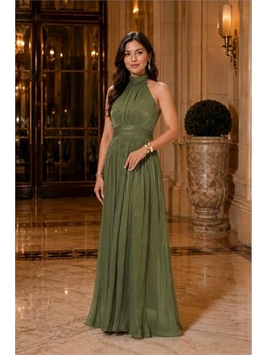 Neşeli Butik Kadın Yeşil Halter Yaka Janjan Kumaş Premium Abiye Elbise NBMY4128