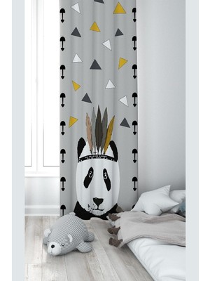 Zemira Pelangi Gri Panda Desenli Dijital Baskı Yıkanabilir Bebek Çocuk Odası Fon Perdesi, Gri 70 x 240, 11