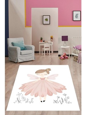 Zemira Pelangi Kanatlı Balerin Kız Yıkanabilir Kaymaz Taban Tutmaz Çocuk Odası Halısı, Pembe-Siyah-Be