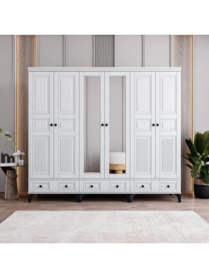 Monzio Terra 6 Kapaklı Çekmeceli Gardırop Tamamı Mdf (Beyaz)