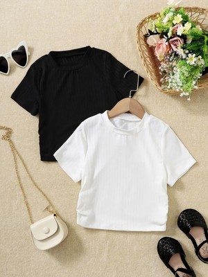 Öz Pamuk Kadın 3 Lü Adet Fitilli %100 Pamuklu Bisiklet Yaka Örme Kaşkorse Crop T-shirt