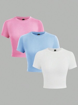 Öz Pamuk Kadın 3 Lü Adet Fitilli %100 Pamuklu Bisiklet Yaka Örme Kaşkorse Crop T-shirt