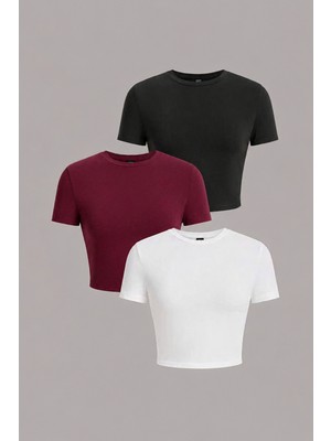 Öz Pamuk Kadın 3 Lü Adet Fitilli %100 Pamuklu Bisiklet Yaka Örme Kaşkorse Crop T-shirt
