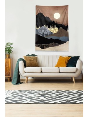 Zemira Pelangi Bej Ay Tutulması Tutmaz Kadife Kumaş Duvar Örtüsü Duvar Halısı Tapestry DWLL317, 140 x