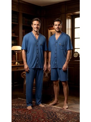 Kly Pijama Kly 9050 %100 Pamuklu Boydan Düğmeli V Yaka Yarım Kollu 3 Lü Şortlu Pijama Takım