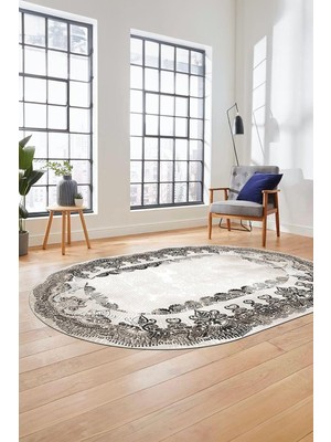 Zemira Baskılı Kaymaz Yıkanabilir Renkli Klasik Desen Oval Yolluk Salon Halısı O-Klasi̇k-08, Vizon, 40 x 60