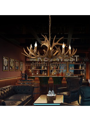 Apliqa Zoye Ahşap 5'li Geyik Boynuzu Desenli Modern Kafe Restoran. Salon Avize