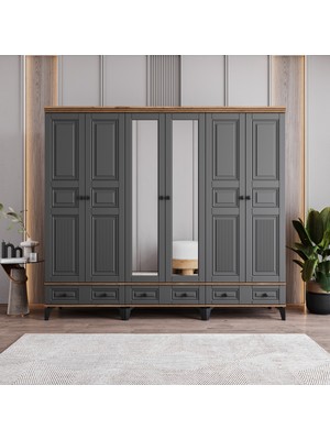 Monzio Terra 6 Kapaklı Çekmeceli Gardırop Tamamı Mdf (Antrasit)
