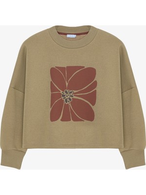 Quzu Çiçek Baskılı Oversize Sweatshirt Haki