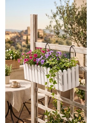 Nettenevime Balkon Saksısı Çit Saksı Beyaz Renk Metal Askı Aparatlı Dekoratif Balkon Saksı 9lt  53CM IB02