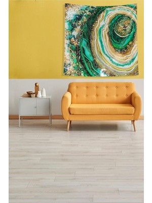 Zemira Pelangi Yeşil Gold Desenli Tutmaz Kadife Kumaş Duvar Örtüsü Duvar Halısı Tapestry KWLL312, 70