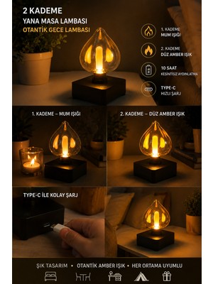 Econa Otantik LED Masa Lambası 2 Kademeli Mum Efektli Amber Gece Lambası Type-C Şarjlı 10 Saat Çalışma Süresi
