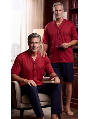 Kly Pijama Kly 9050 %100 Pamuklu Boydan Düğmeli V Yaka Yarım Kollu 3 Lü Şortlu Pijama Takım