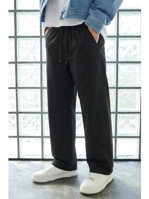 Damga Erkek Günlük Jogger Siyah Baggy Keten Pantolon