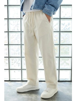 Damga Erkek Günlük Jogger Beyaz Baggy Keten Pantolon