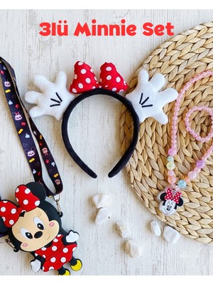 The Littles Kids 3'lü Minnie Model Aksesuar Seti - Silikon Çanta- Işıklı Kolye Bileklik - Peluş Taç