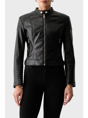 Guess Marlene Regular Fit Dik Yaka Deri Ceket W6YL25W2914 Kadın Deri Ceket W6YL25 W2914 Jblk