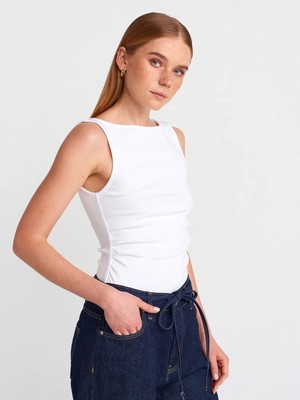 Dilvin 31589 Büzgülü Kayık Yaka Top-Taş