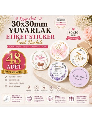 Seçkin Trend Kişiye Özel 30X30MM Yuvarlak Etiket, Özel Baskılı Sticker, Düğün Nişan Mevlid, Yeni Doğan Bebek 48 Adet No-2