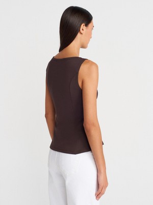 Dilvin 21001 Kayık Yaka Peplum Top-Koyu Kahve