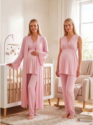 Lohussa Yeni Sezon Pembe Şal Yaka Dantel Detaylı Yazlık Özel Tasarım Emzirme Özellikli %100 Pamuk Hamile Lohusa Sabahlık Pijama Takımı Seti