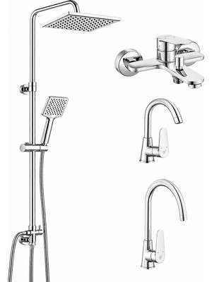 Eca Ar Fast Kuğu Lavabo Bataryası + Eviye Bataryası + Banyo Bataryası + Dicle Duş Kolonu| 5 Yıl Garantili