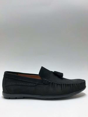 Marutti Hakiki Deri Nubuk Püsküllü Siyah Loafer Hafif Rahat Esnek Yazlık Erkek Ayakkabı C-83486178MRTTLFR