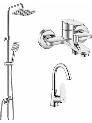 Eca Ar Fast Kuğu Lavabo Bataryası + Fast Banyo Bataryası + Dicle Duş Kolonu | 5 Yıl Garantili