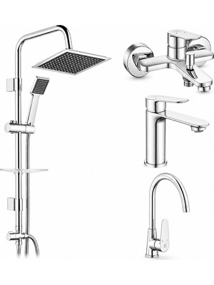 ECA E.c.a Ar Fast Banyo Bataryası + Ar Fast Lavabo Bataryası + Ar Fast Evye Bataryası + Tema 53260 Quadro Rain Pratik Duş Sistemi