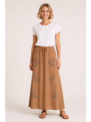 Bihan Store Kadın Nakışlı Beli Bağcıklı Maxi Etek 39048-KAHVE