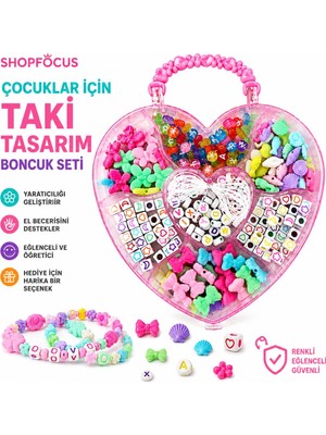 Shopfocus Kız Çocukları Için Kalp Kutulu Takı Tasarım Boncuk Seti 7 Bölme Boncuklu ve Ipli  Hediyelik Çocuk Eğlenceli ve Öğretici