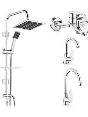 ECA E.c.a Ar Fast Banyo Bataryası + Ar Fast Kuğu Borulu Lavabo Bataryası + Ar Fast Eviye Bataryası + Tema 53260 Quadro Rain Pratik Duş Sistemi