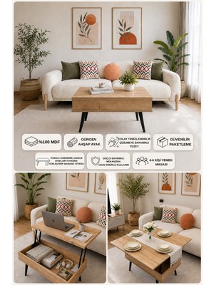 Aybulut Home Meşe Çok Amaçlı Akıllı Orta Sehpa Yemek ve Oyun Masası Bilgisayar Çalışma Masası, Kurulu Gönderim