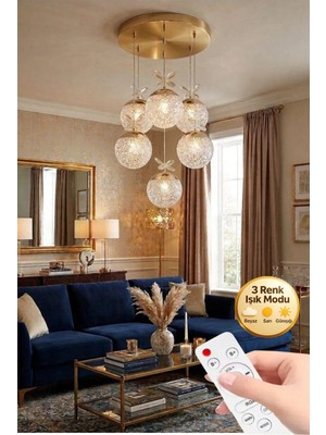 Güneş Model 6"lı Gold 3 Renk Modu Ledli Kristal Taşlı Modern Salon Mutfak Oturma Odası LED Avize