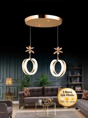 Mozaik Model 2’li Kristal Taşlı Gold 3 Renk Modu Ledli Salon Mutfak Oturma Odası Sarkıt LED Avize